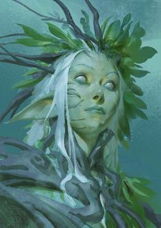a digital painting of a woman with green hair and leaves on her head, looking up at the sky