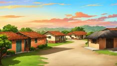 a painting of a village with houses and trees on either side of the road at sunset