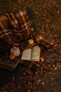 an open book sitting on top of a park bench next to a pile of leaves