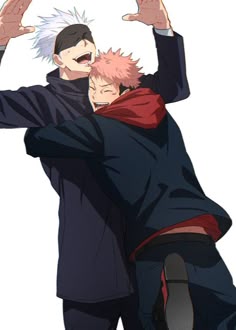 two anime characters hugging each other with their arms in the air and one holding his head