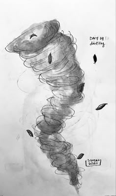 a black and white drawing of a spiral shaped object with words written on the side