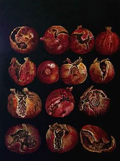 an oil painting of some fruit on a black background