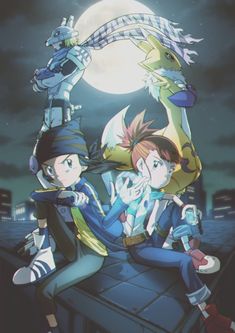 two anime characters sitting on top of a roof in front of a full moon and cityscape