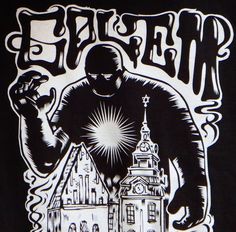 a black and white drawing of a man in front of a building with a clock tower