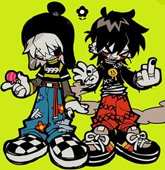 two cartoon characters sitting next to each other on a green background with black and white dots