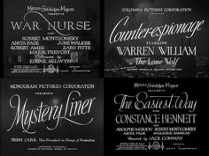 four different types of movie posters with black and white writing on them, including one for the title