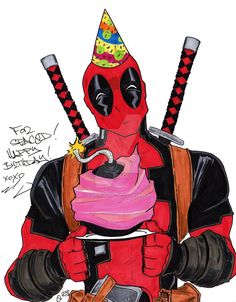 a drawing of a deadpool with two swords and a donut in his hand