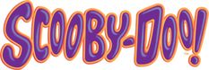the word scooby in purple and orange lettering on a white background stock photo