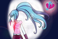 a girl with long blue hair standing in front of a full moon and holding her hand on her hip