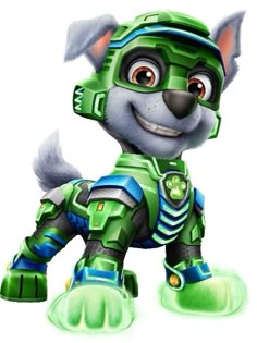 a cartoon dog with green and blue armor