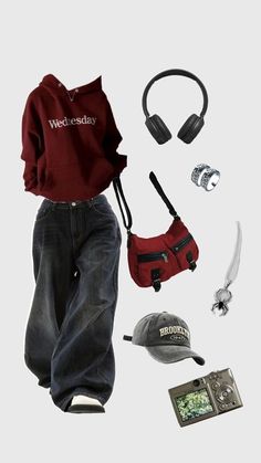 Outfit Inspo Baggy Clothes, Outfits Baggy Clothes, Outfit Ideas Baggy Clothes, Outfits Ideas Baggy, Dark Red Hoodie Outfit, Outfit Inspo Baggy, Red And Black Baggy Outfits, Casual Acubi Outfit Ideas, Red Baggy Outfit