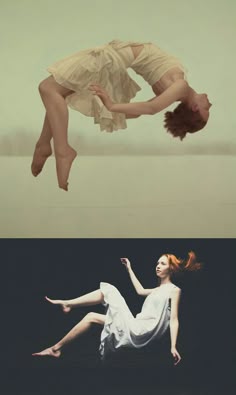 two different pictures with one woman in the air and one on the ground, both showing her