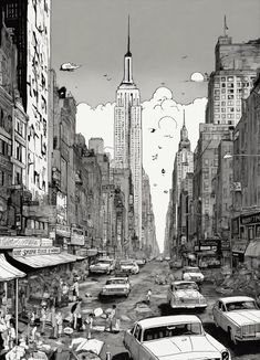 Chaotic stunning New York City, skyline, illustrated by hergé, style of tin tin comics, pen and ink. vintage 90's anime style, black and white.