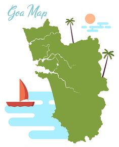 a green map with a sailboat on the water and palm trees in the background