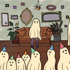 a group of ghost like people standing in front of a couch