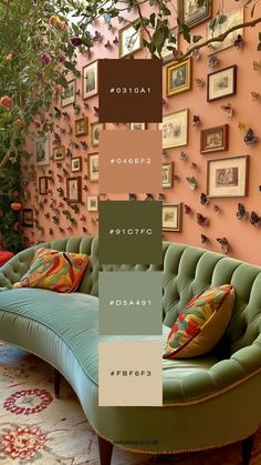 a living room filled with lots of furniture and pictures on the wall next to a green couch
