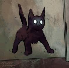 a drawing of a black cat with glowing eyes on it's face and tail