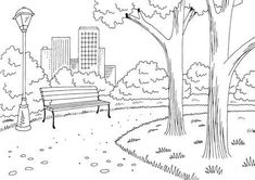 a black and white drawing of a park bench in the middle of a city park