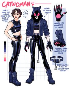 a woman in black catsuits standing next to another person wearing catwoman costume