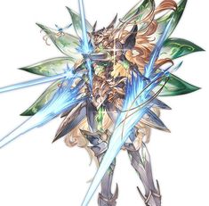 an anime character with blue and green hair holding two swords
