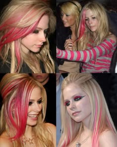 avril lavigne’s iconic pink hair streaks 2000s Hair Dye, Colored Highlights On Blonde Hair, 2000s Hair Streaks, Mcbling Hair, 2010s Hair, Avril Lavigne Hair Color, Avril Lavigne Inspired Hair, Avril Lavigne Hair Dye, Avril Lavigne Pink Hair
