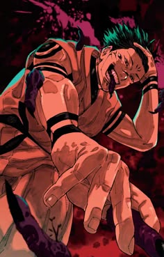 an anime character with green hair holding his hand to his face