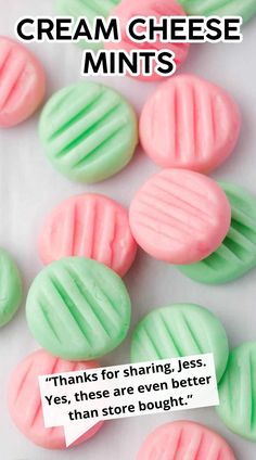 some green and pink cookies with the words cream cheese mints