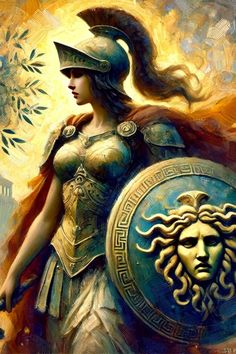 a painting of a woman in armor holding a shield