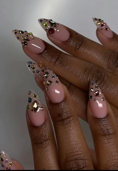 French And Sparkle Nails, Chrome Nails Rhinestones, Almond Nails Jewels, Bedazzled Almond Nails, Almond Nail Jewels, Rhinestone French Tip Nails, Almond Jewel Nails, Jeweled Almond Nails, Rhinestone Nails Designs