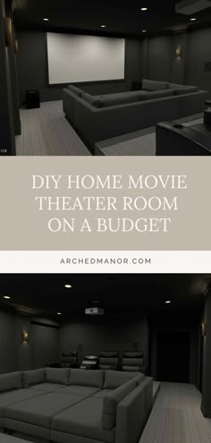 a movie theater room with couches in it and the words diy home movie theater room on a budget