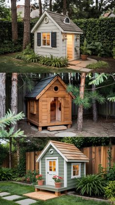 Want a dog house that doesn’t look out of place in your garden? These gorgeous playhouse-style dog homes are both fun and functional, with charming cottage and cabin vibes. 2 Dog House Outdoor, Cute Dog House Ideas, Wooden Dog House In Backyard, Dog Playhouse Ideas, Dog Play House, Dog Playhouse Outdoor, Dog Playhouse, Playhouse For Dogs, Playhouse Dog House