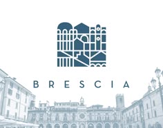 the logo for brescia is shown in front of some buildings and people walking around