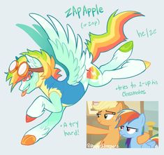 an image of a pony flying through the air with captioning below it that says zapple