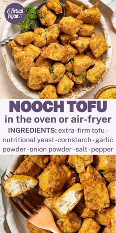 two plates with different types of food on them and the words, nooch tofu in