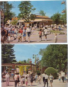 two pictures of people walking in the park