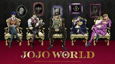 a group of people sitting on top of chairs in front of framed pictures with words jojo world