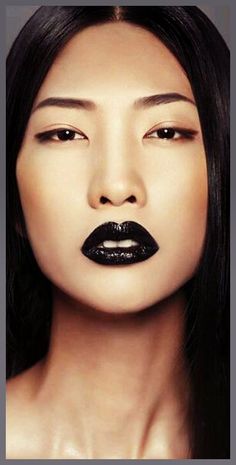 Black Lipstick On Lips, Black Lip Makeup, Make Up With Black Lips, Black Lipstick On Top Lip, Black Upper Lip Makeup, Bold Black Lipstick, Japanese Black Makeup, Black Lipstick Photoshoot, Black Lipstick Makeup