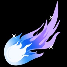 a blue and purple bird flying through the air with flames coming out of it's wings