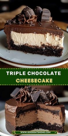 triple chocolate cheesecake on a white plate with the words triple chocolate cheesecake above it
