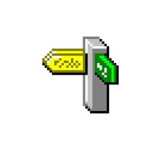 a pixelated image of a yellow and green arrow pointing to the right with white background