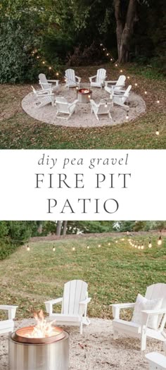 an outdoor fire pit with chairs around it and the words diy pea gravel fire pit patio