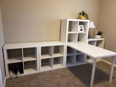 a white desk and shelves in a room