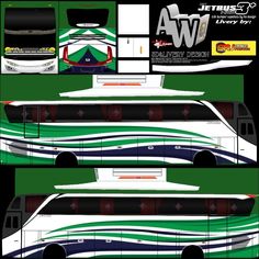 the side and back views of a bus that is painted green, white and blue