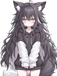 Cute Kemonomimi, Cute Wolf Girl Art, Wolf Girl Oc, Cute Wolf Girls, Anime Wolf Female Human, Cute Wolf Girl Drawing, A Neko Girl, Kitsune Child, Black Hair Catgirl