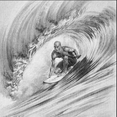 a black and white drawing of a man on a surfboard riding a wave in the ocean