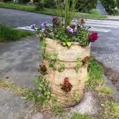a planter with flowers growing out of it sitting on the side of a road
