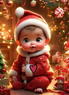 a baby in a santa hat sitting on the floor