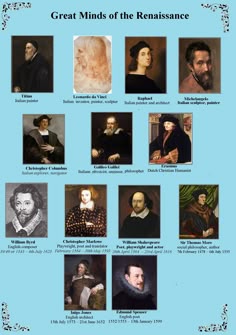 the great minds of renaissanceism are depicted in this poster, which includes portraits of famous people