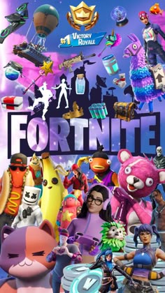 the poster for fortnite is shown in front of an image of various cartoon characters