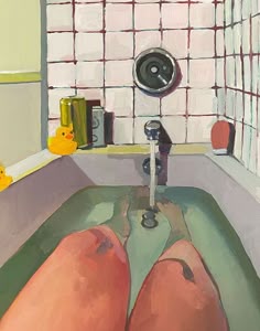 a painting of someone's feet in the bathroom sink